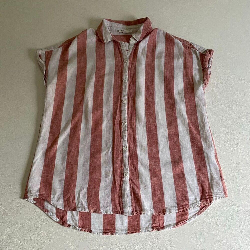 BeachLunchLounge Women’s Medium Red White Stripe Linen Button Up Top